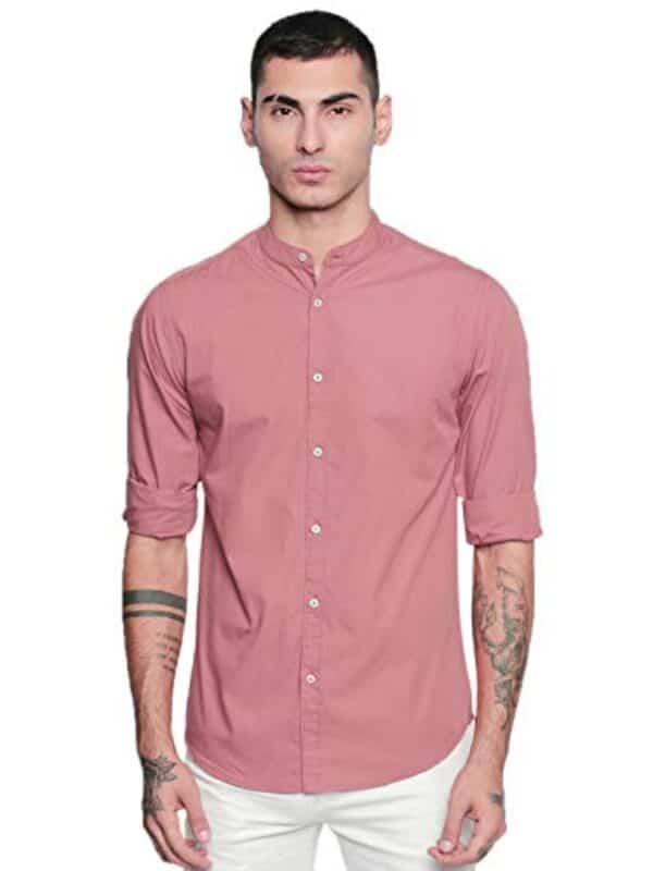 Dennis Lingo Men's Solid Chinese Collar Dusty Pink Casual Shirt (CC201_Dusty Pink_S)