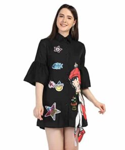 DIMPY GARMENTS Crepe Printed Women Shirt Style Dress (Small, Black)