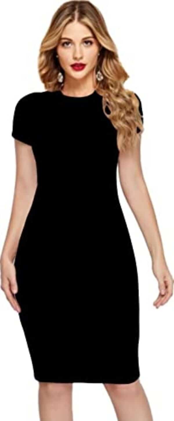 Dream Beauty Fashion Women's Short Sleeves Casual Midi Bodycon Black Hosiery Dress (38" Inches)