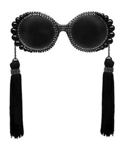 EDASH Women Round Frame Black Sunglasses Faux Rhinestone Crystal Pearl Detachable Tassels