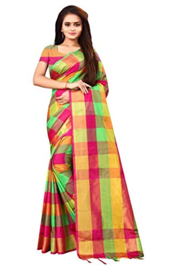 GRECIILOOKS®️ Women's Tussar Silk Checks Pattern Banarasi katan Silk Saree With Blouse Piece (Yellow)