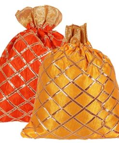 Kuber Industries Potli Bags Handbags for Women Gifting Wristlets for Wedding, Festival, Kitty Subh Shagun-Pack of 2 (Orange & Yellow)