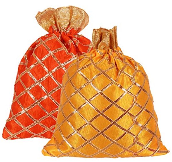 Kuber Industries Potli Bags Handbags for Women Gifting Wristlets for Wedding, Festival, Kitty Subh Shagun-Pack of 2 (Orange & Yellow)