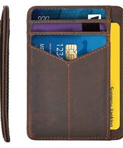 LEATHER LEAF Crunch Vintage Leather Credit Card Holder Slim Minimalist Front Pocket RFID Blocking Leather Wallets for Men Women. (Vintage Brown)