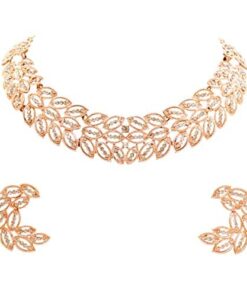 SAIYONI Valentine Day's For Glamorous Design Austrian Diamond Rose Gold Plated Choker Necklace With Earring Jewellery Set Rose Gold For Women