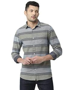 SNX Men's 100% Cotton Long Sleeve Tailored Fit Button-up Casual Beige & Grey Color Stripes Shirt_L