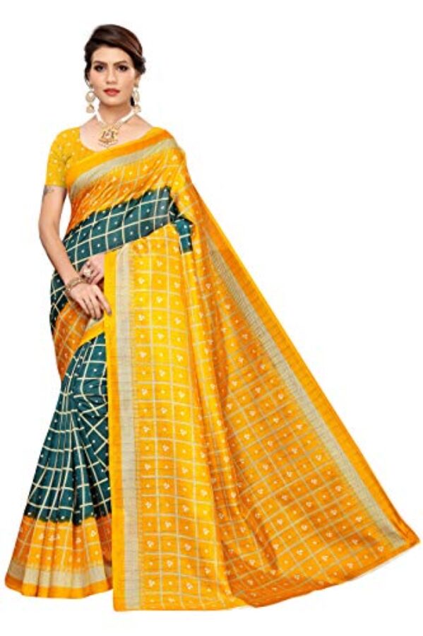 Tarshika Women's Art Silk Printed Saree With Blouse Piece(BANDHANI CHECKS GREEN_Free Size)