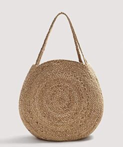 UR Home Women's Straw Crochet Handcrafted Woven Round Shouder Bag (Beige, 30X30 cm)