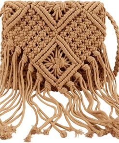 Urooz Macrame Tassel Handbag Straw Envelope Clutch Bag Cotton Macrame Purse Hobo Hand-Woven Beach Wristlet Bag with Zipper