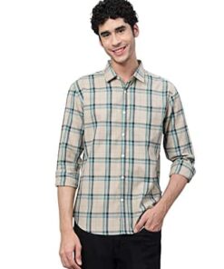 Veirdo Shirt for Men, Cotton Regular Fit Full-Sleeve, Plaid Printed Shirt Beige