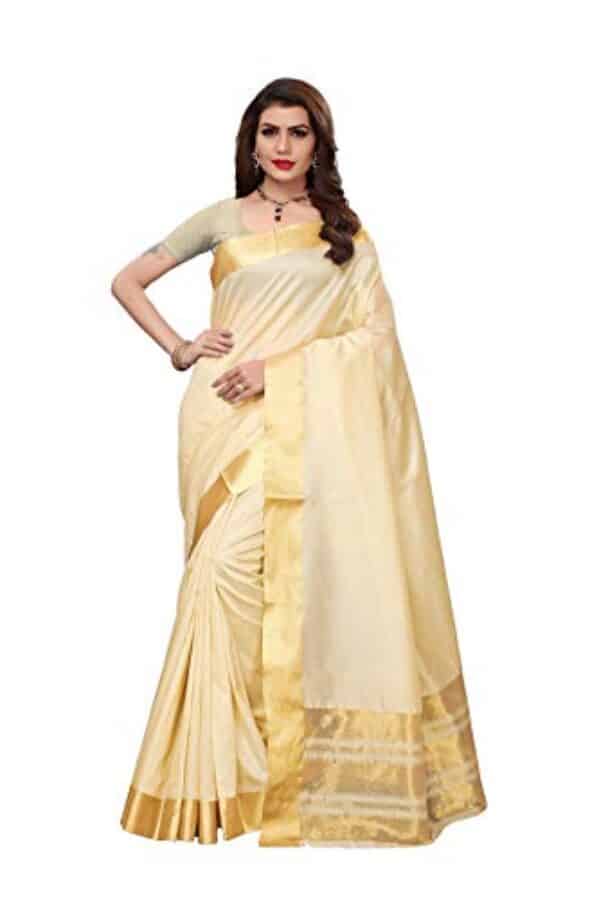 Yashika Women's Cotton Saree With Blouse (SDPL-KERALA COTTON_white_Free Size_Off White)